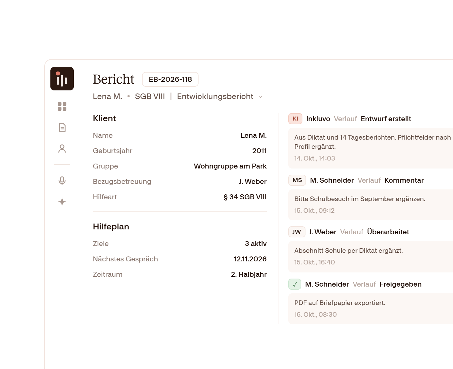Bericht mit Klientendaten und Verlauf in Inkluvo